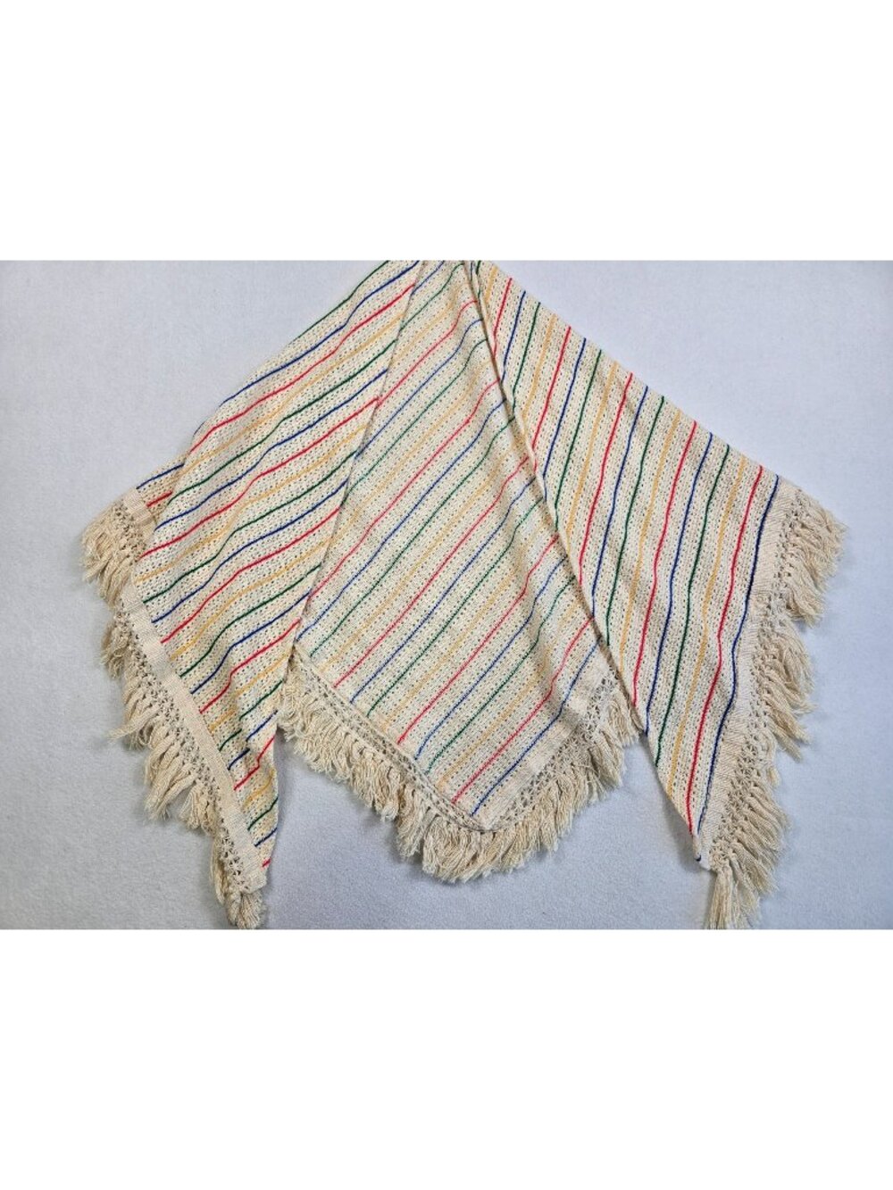 Vintage Handwoven Multicolor Striped Fringe Blanket Shawl Rainbow